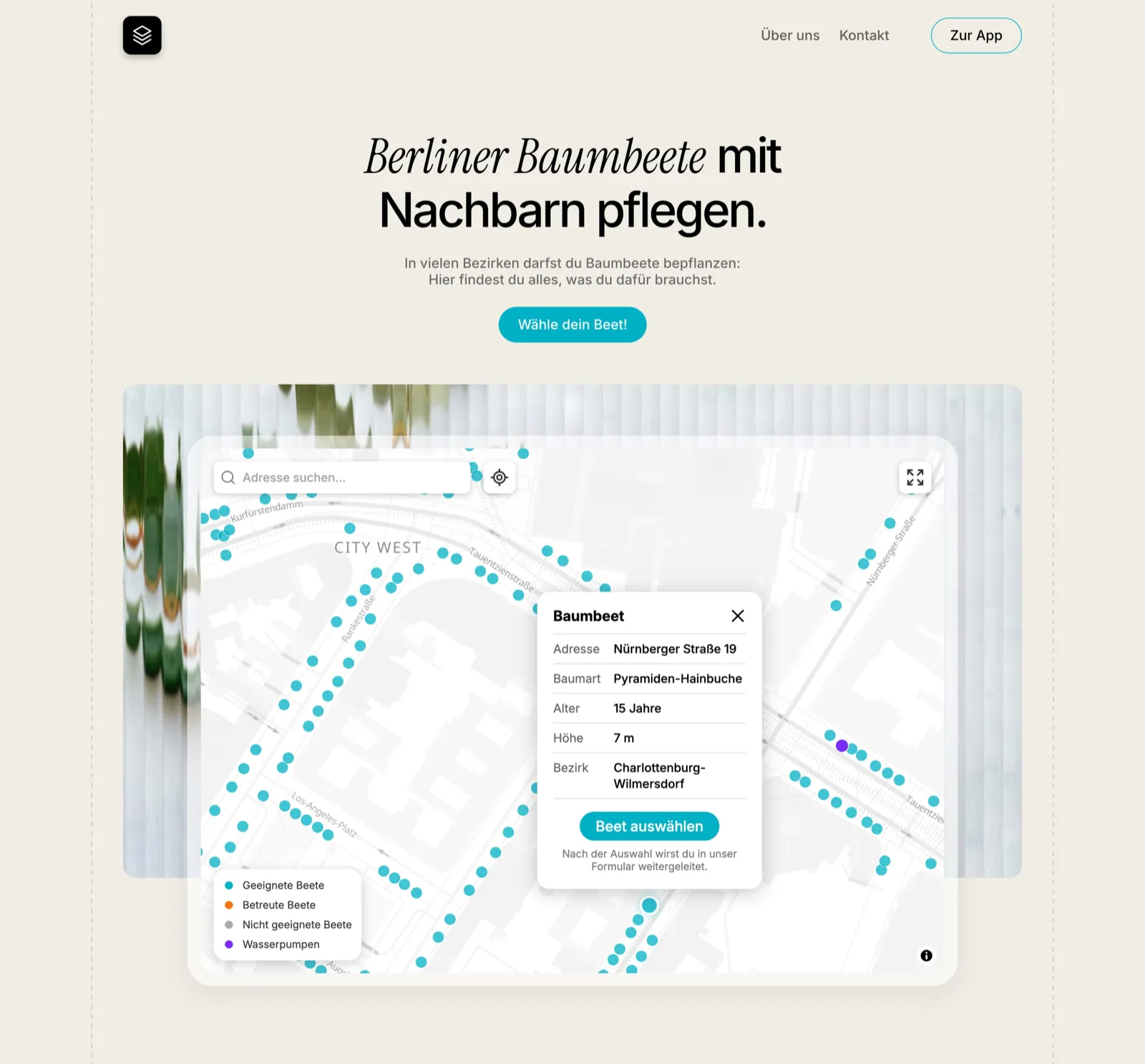 Startansicht von Digital Pflanzen mit Karte der Baumbeete