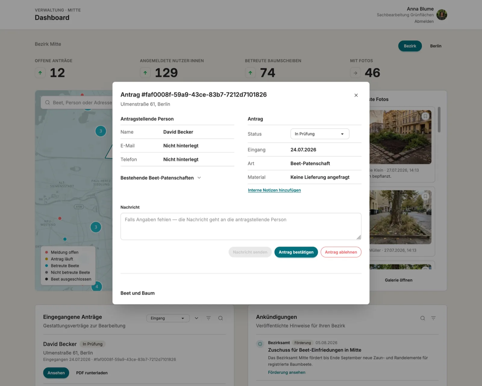 Detailansicht eines Antrags in der Digital-Pflanzen-Verwaltung