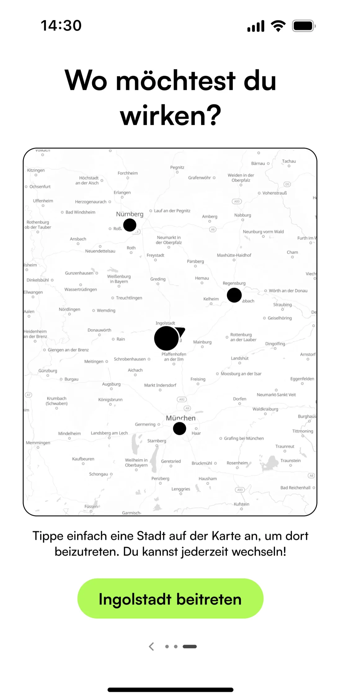 Plattform-App: Stadt für das eigene Engagement auswählen
