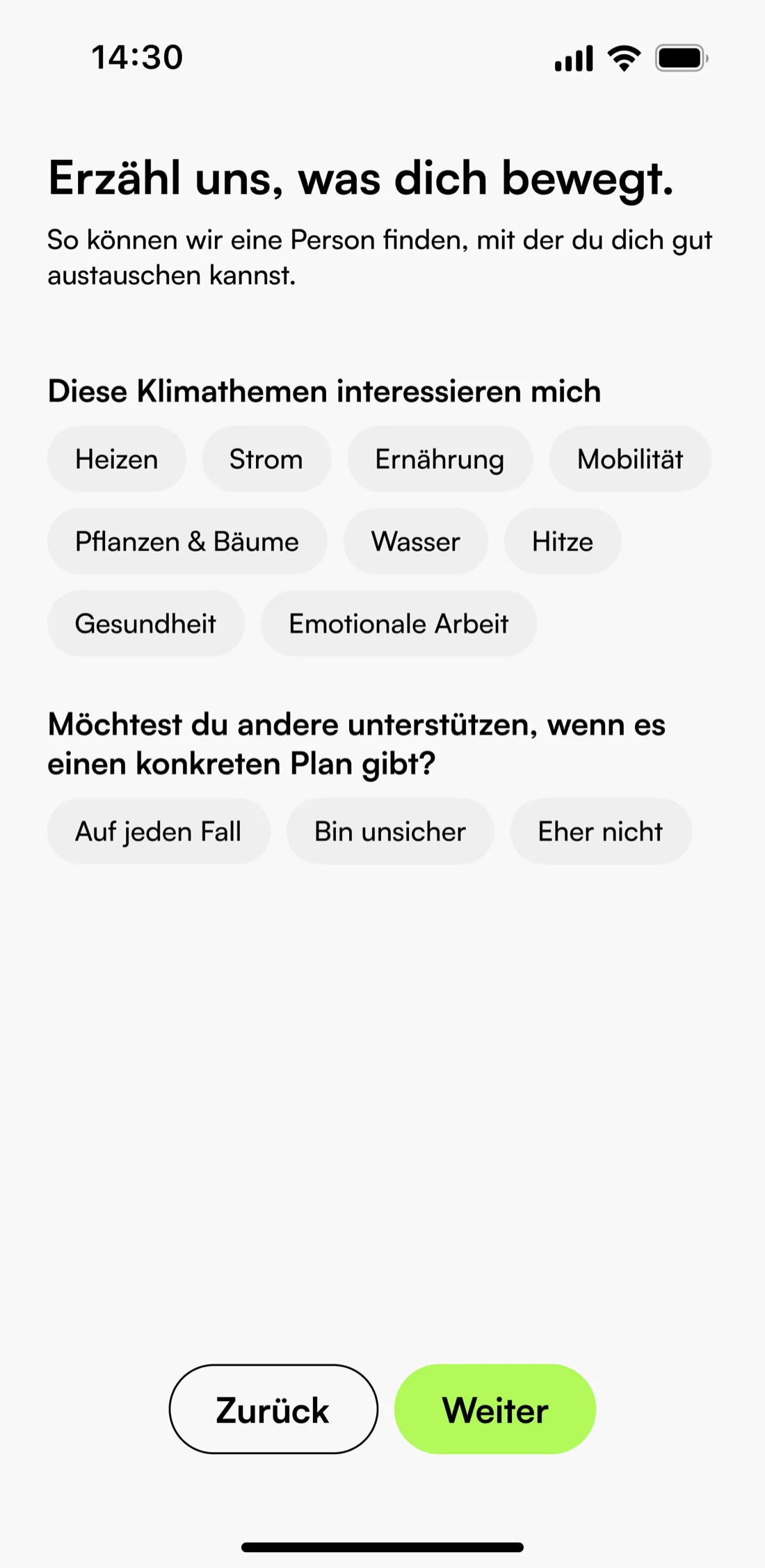 Plattform-App: Klimathemen und Unterstützungsinteressen auswählen