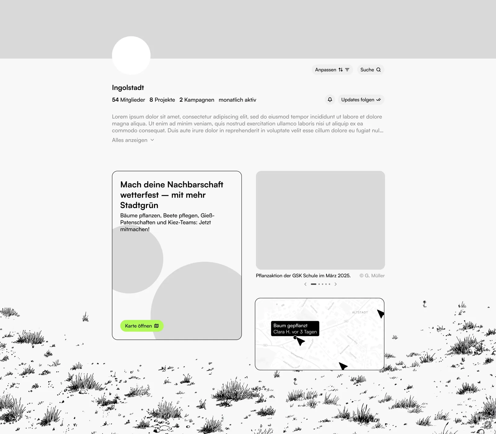 Desktop-Ansicht der Plattform für eine Stadtgemeinschaft