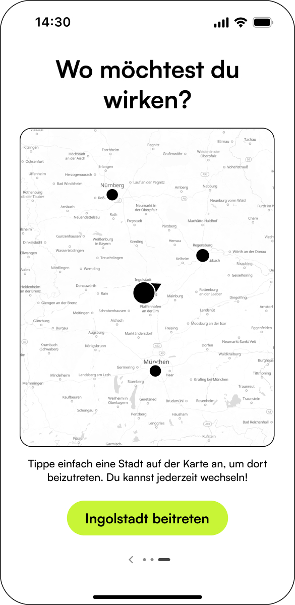 Plattform-App: Stadt für das eigene Engagement auswählen
