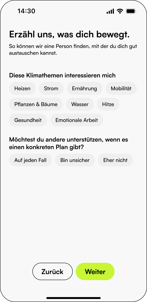 Plattform-App: Klimathemen und Unterstützungsinteressen auswählen