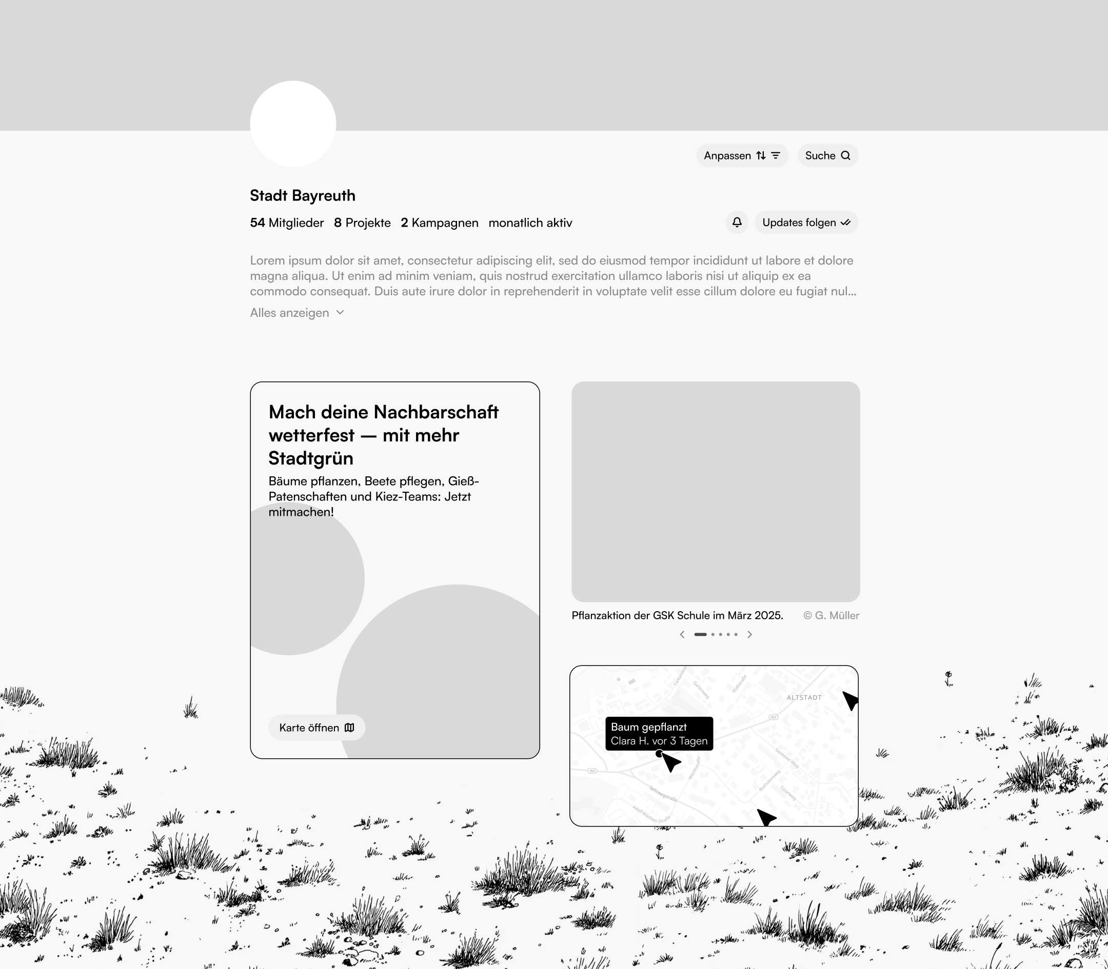 Desktop-Ansicht der Plattform für eine Stadtgemeinschaft